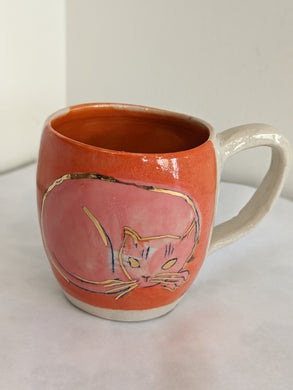 Hand Painted Orange & Pink Cat Mug