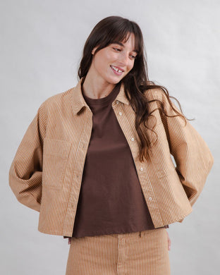 Striped Boxy Shirt Jacket – Camel | Sustainable Women’s Outerwear
