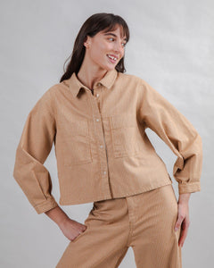 Striped Boxy Shirt Jacket – Camel | Sustainable Women’s Outerwear