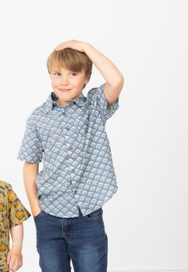 Meadow Whisper Shirt – Boys’ Cotton Shirt with Blue & Gold Floral Print