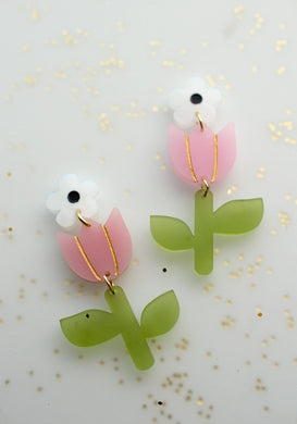 Acrylic Pink and Green Flower Earrings