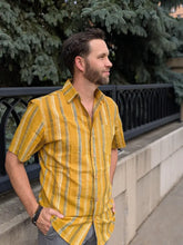 Men’s Hand Block Printed Button Down – Yellow/Blue/Cream