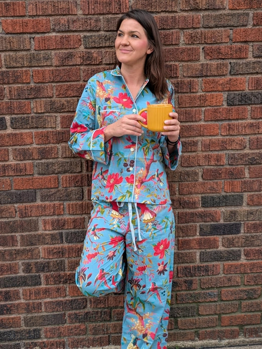 Women’s Cotton Pajama Set – Birds & Blooms