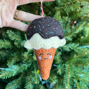 Smiling Ice Cream Cone Felt Wool Ornament