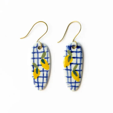Oval Ceramic Earring with Lemon & Blue Plaid