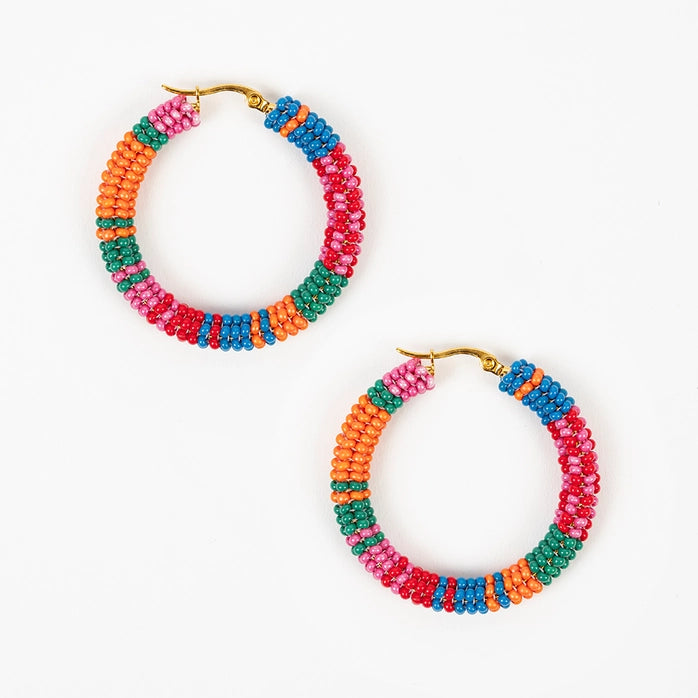 Patchwork Tube Beaded Hoop Earrings (Multiple Colors)