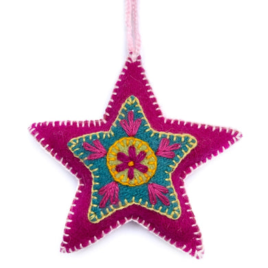 Pink Star Embroidered Wool Ornament