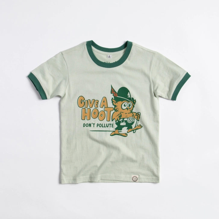Give A Hoot, Don't Pollute Youth Short Sleeve Ringer Tee - Pistachio/Palm Leaf