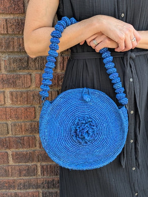Bold Indigo Twisted Handle Round Raffia Purse