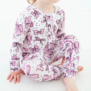 All Tied Up Pink Bows Bamboo Ruffle Convertible Footie Pjs