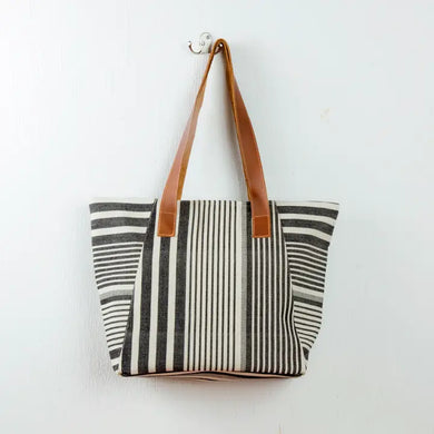 Black and White Tote with Leather Straps