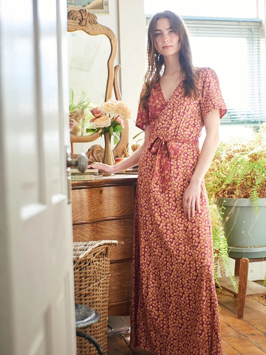 Mata Traders Berry Poppy Mix Wrap Maxi Dress Small
