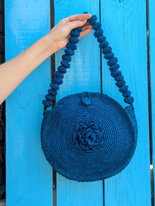 Bold Indigo Twisted Handle Round Raffia Purse