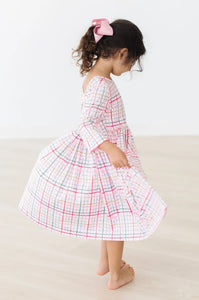 Pink Plaid 3/4 Sleeve Pocket Twirl Dress