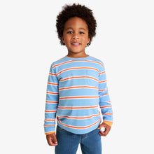 Kids Long Sleeve Pocket Tee in Cornflower & Clementine Varsity Stripe