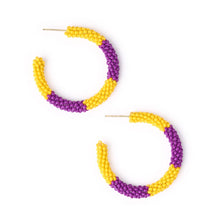 Game Day Beaded Color Block Hoop Earrings - Yellow + Purple