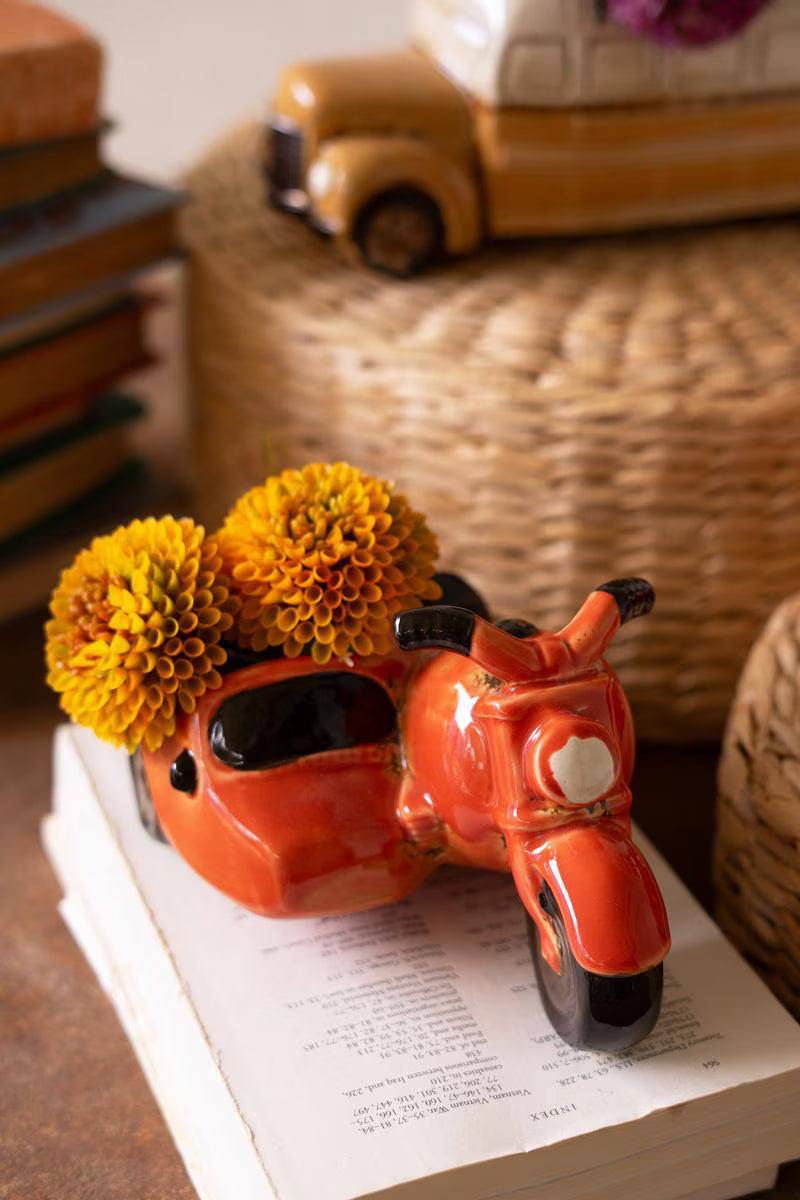 Ceramic Motorcycle with Sidecar Planter