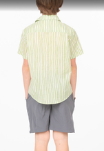 Mossy Trail Shirt – Boys’ Cotton Shirt with Light Green Stripes & Coconut Buttons