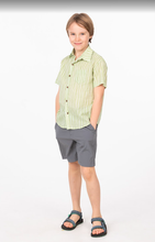 Mossy Trail Shirt – Boys’ Cotton Shirt with Light Green Stripes & Coconut Buttons