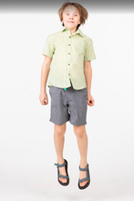 Mossy Trail Shirt – Boys’ Cotton Shirt with Light Green Stripes & Coconut Buttons