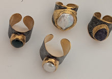 Wide Band Ring with Natural Stone or Pearl