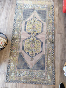 Vintage Hand-Knotted Rug - Pink, Yellow, Blue