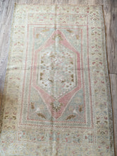 Vintage hand-Knotted Rug - Pink, Greens, Creamy Brown/Gold