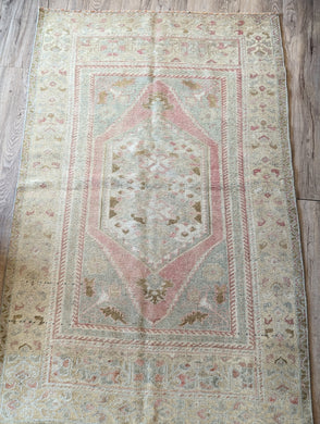 Vintage hand-Knotted Rug - Pink, Greens, Creamy Brown/Gold