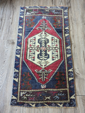 Vintage Hand-Knotted Rug - Midnight Blue, Red, & Cream