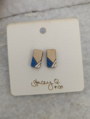 Blue Hand Painted Long Wood Stud Earrings by Stacey Q.