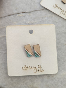 Turquoise & White Hand Painted Long Wood Stud Earrings by Stacey Q.