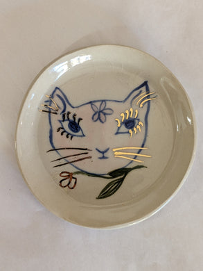 Hand Painted Cat Trinket -Pink Blue Gold