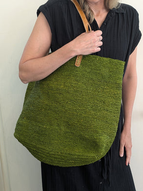 Forest Path Raffia Tote Bag With Leather Stripe