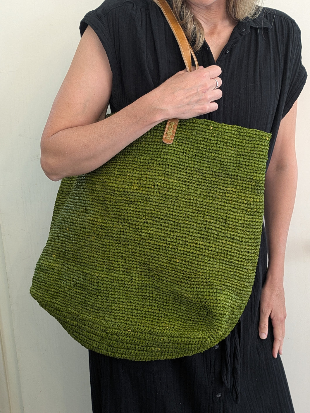 Forest Path Raffia Tote Bag With Leather Stripe