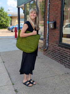 Forest Path Raffia Tote Bag With Leather Stripe