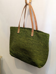 Forest Path Raffia Tote Bag With Leather Stripe