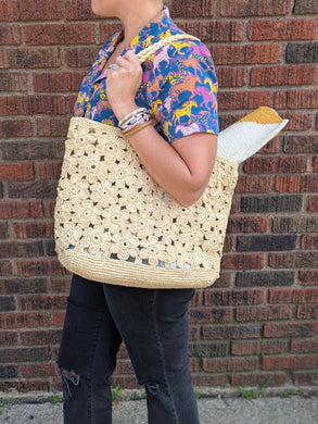 Crochet Floral Raffia Tote Bag