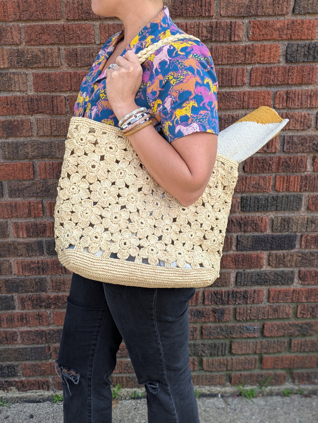 Crochet Floral Raffia Tote Bag