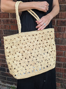 Crochet Floral Raffia Tote Bag