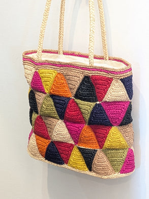 Geometric Multi-Color Raffia Tote Bag