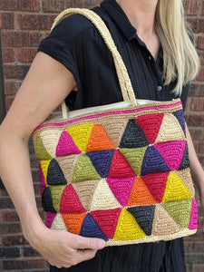 Geometric Multi-Color Raffia Tote Bag