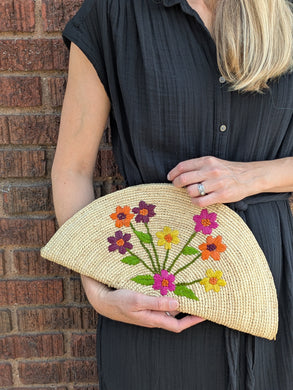 Raffia Clutch Bag With Colorful Embroidered Flowers