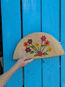 Raffia Clutch Bag With Colorful Embroidered Flowers