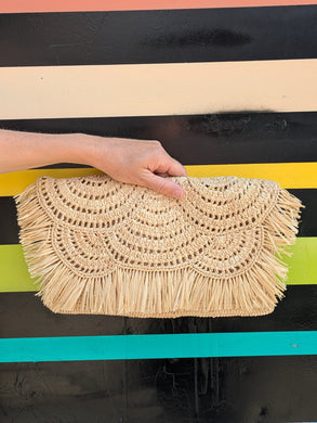 Handwoven Fringe Raffia Clutch