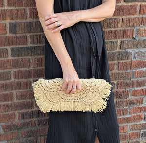 Handwoven Fringe Raffia Clutch