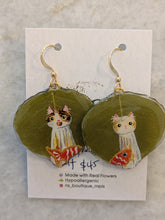 Hand Painted Cat With Fish on Leaf Earrings