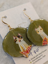 Hand Painted Cat With Fish on Leaf Earrings