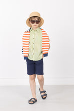 Mossy Trail Shirt – Boys’ Cotton Shirt with Light Green Stripes & Coconut Buttons