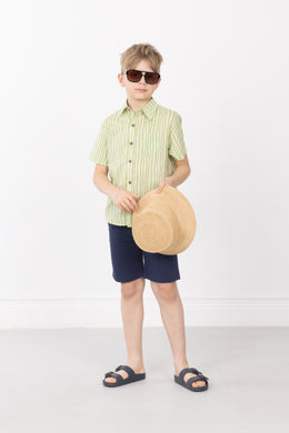 Mossy Trail Shirt – Boys’ Cotton Shirt with Light Green Stripes & Coconut Buttons