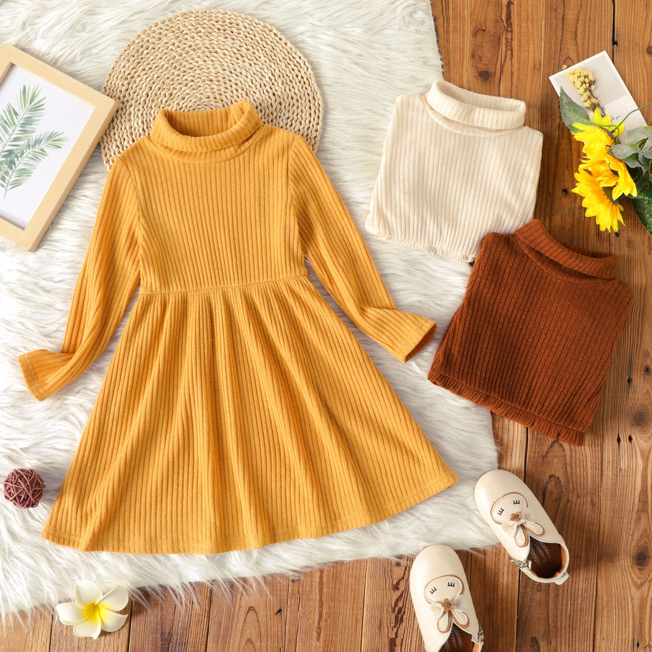 Turtleneck Ribbed Long Sleeve Dress